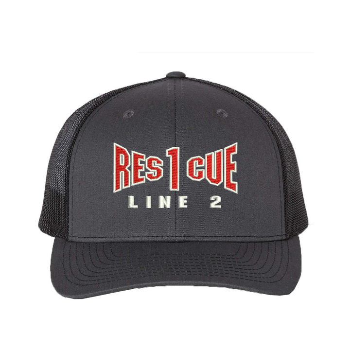 Rescue company personalized  Richardson Truck hat . Add your truck number to the cap.  Embroidered text, Rescue, and the option of a second line below the main text.   Hat color charcoal/black.