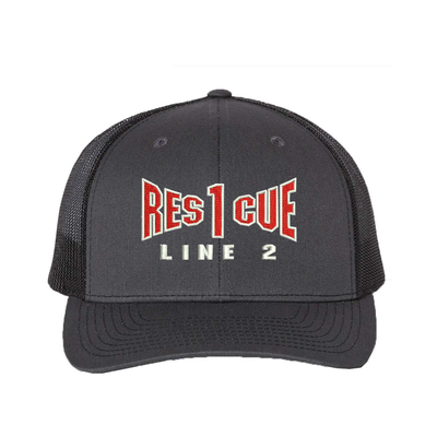 Rescue company personalized  Richardson Truck hat . Add your truck number to the cap.  Embroidered text, Rescue, and the option of a second line below the main text.   Hat color charcoal/black.