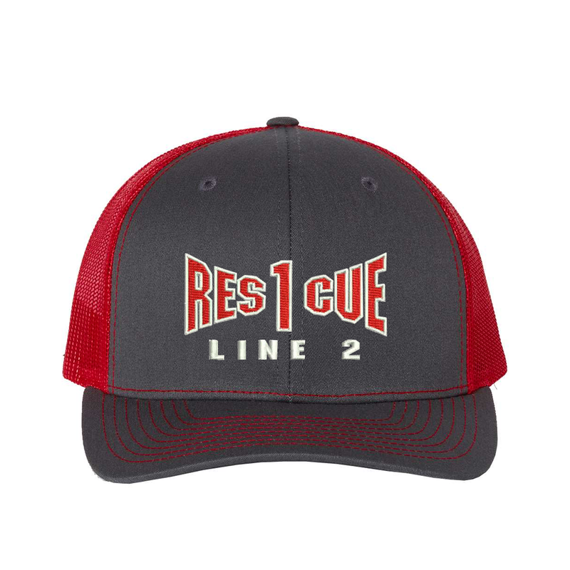 Rescue company personalized Richardson Truck hat . Add your truck number to the cap. Embroidered text, Rescue, and the option of a second line below the main text. Hat color charcoal/red.