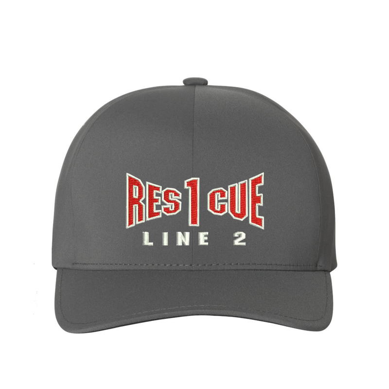 Fire Rescue personalized Delta Flexfit . Add your station number to the cap.  Embroidered text,  Rescue and the option of a second line below the main text.   Hat color grey.