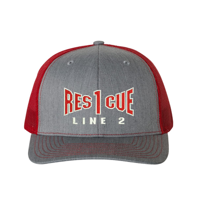 Rescue company personalized Richardson Truck hat . Add your truck number to the cap. Embroidered text, Rescue, and the option of a second line below the main text. Hat color grey/red.
