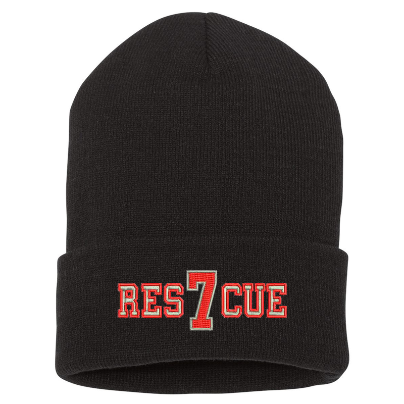 Custom embroidered cuffed Beanie.  The word Rescue is embroidered in silver thread with a red outline and your custom number/text up to 3 characters embroidered in red with silver outline. Color black.