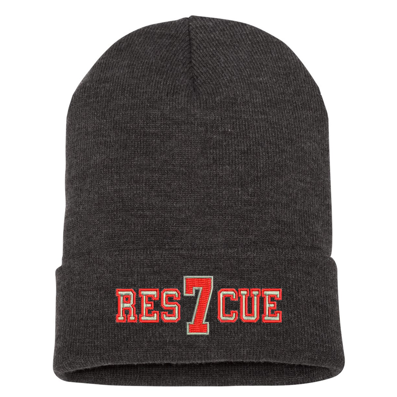 Custom embroidered cuffed Beanie.  The word Rescue is embroidered in silver thread with a red outline and your custom number/text up to 3 characters embroidered in red with silver outline. Color dark grey.