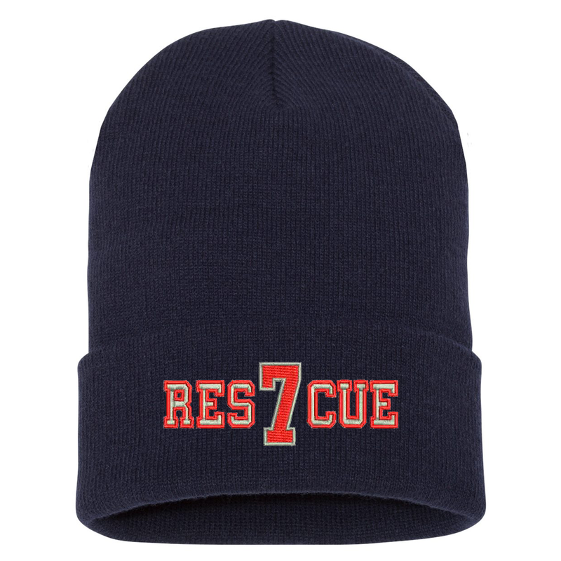 Custom embroidered cuffed Beanie.  The word Rescue is embroidered in silver thread with a red outline and your custom number/text up to 3 characters embroidered in red with silver outline. Color navy.
