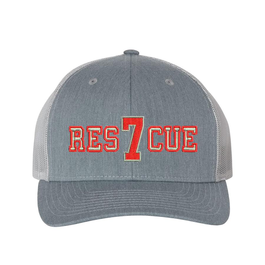Richardson Structured six panel Trucker Cap customized with your truck number and the word Rescue. Hat color heather grey/light grey