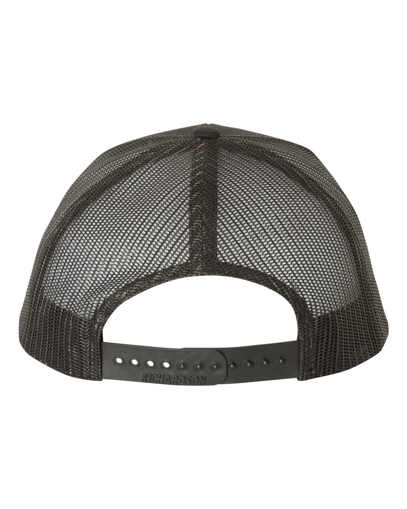 Back view of the Richardson hat shows the mesh back panels with the adjustable plastic snapback.