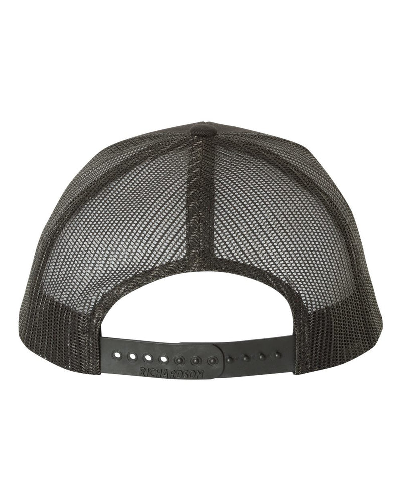 Back view of the Richardson hat shows the mesh back panels with the adjustable plastic snapback.