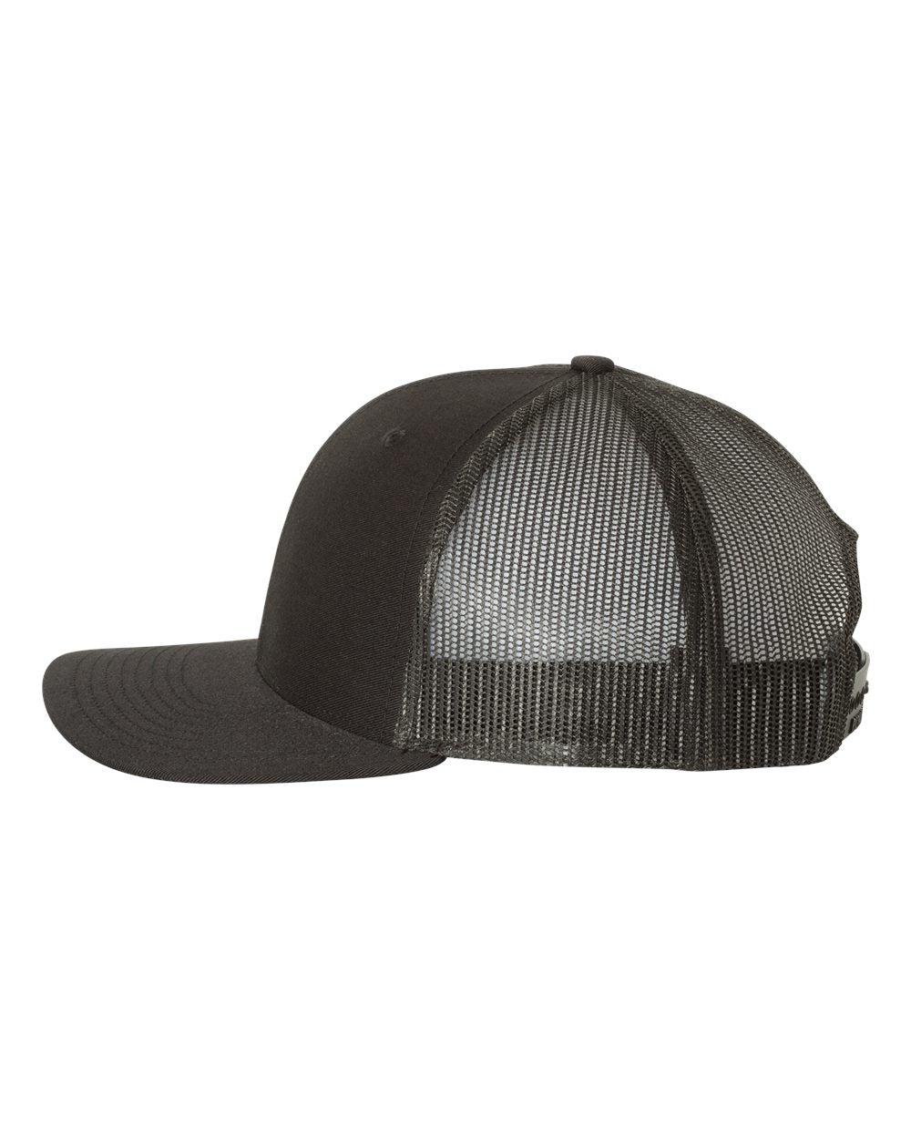 Side view of the Richardson hat shows a solid front panel and brim with mesh back panels.