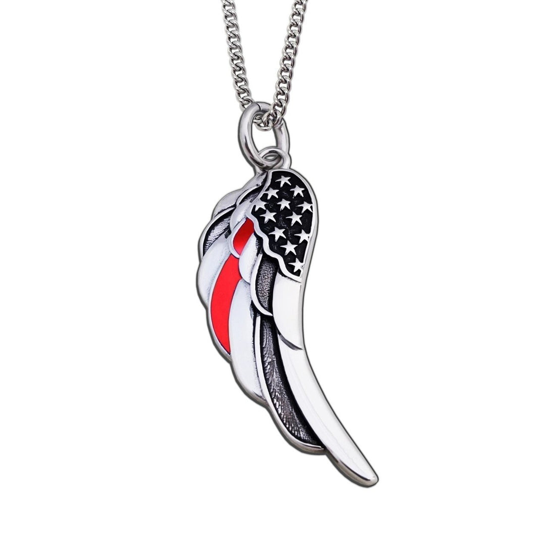 Thin Red Line Flag Angel Wing Necklace- Psalm 91:11 Stainless Steel