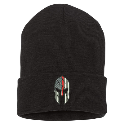 Embroidered cuffed Beanie, Thin Red Line Spartan is embroidered in the center of the cuff. Hat color black.