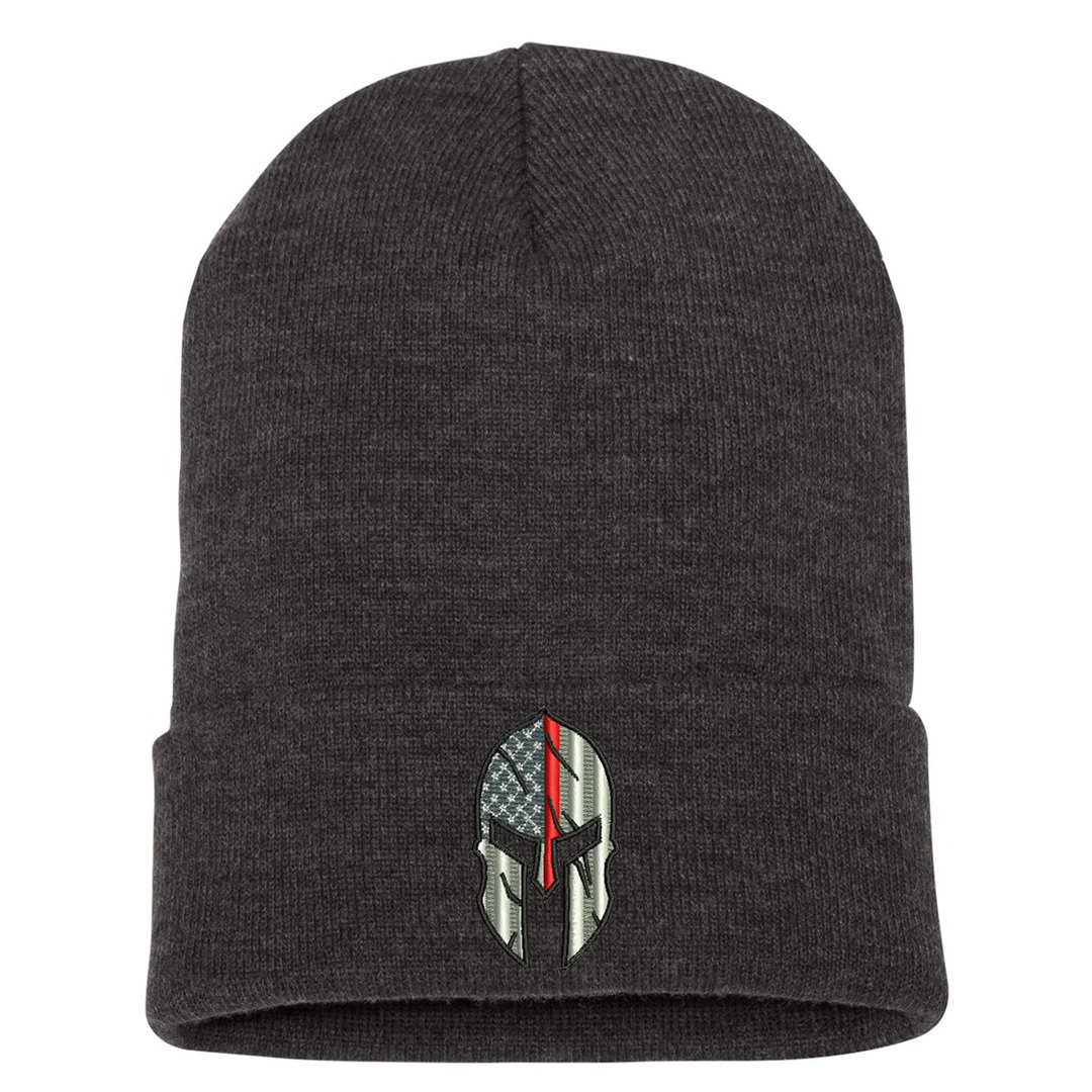 Embroidered cuffed Beanie, Thin Red Line Spartan is embroidered in the center of the cuff. Hat color grey.