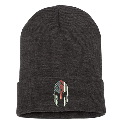Embroidered cuffed Beanie, Thin Red Line Spartan is embroidered in the center of the cuff. Hat color grey.