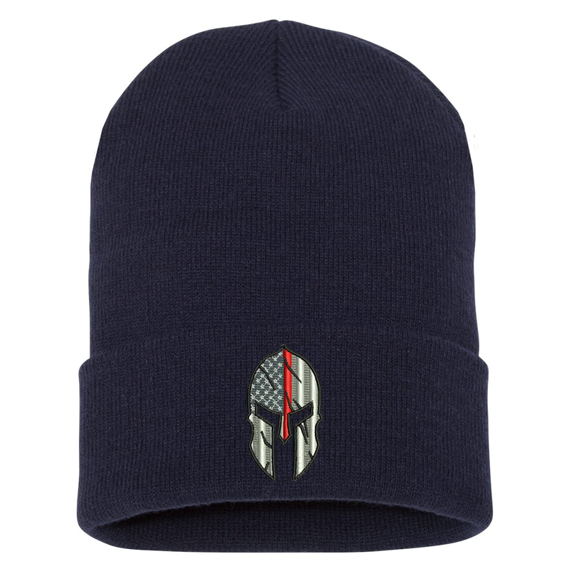 Embroidered cuffed Beanie, Thin Red Line Spartan is embroidered in the center of the cuff. Hat color navy.