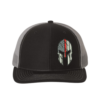 Thin Red Line Flag Spartan helmet design on a Richardson Trucker hat,  Black and Grey American Flag with a thin red line within a Spartan Helmet.  Hat color is black/charcoal.