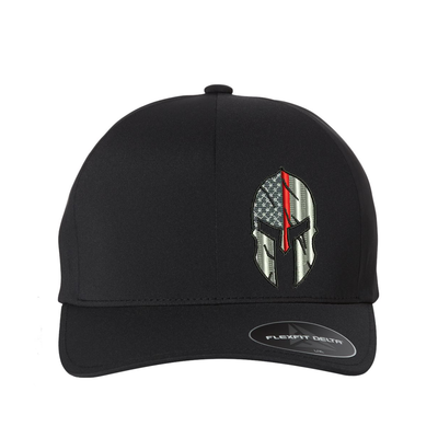 Thin Red Line Flag Spartan helmet design Flexfit  hat,  Black and Grey American Flag with a thin red line within a Spartan Helmet.  Hat color is black.