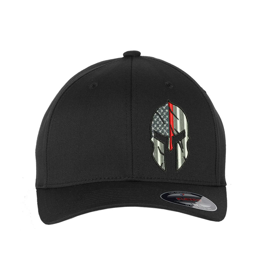 Thin Red Line Flag Spartan helmet design Flexfit  hat,  Black and Grey American Flag with a thin red line within a Spartan Helmet.  Hat color is black.