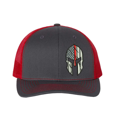 Thin Red Line Flag Spartan helmet design on a Richardson Trucker hat,  Black and Grey American Flag with a thin red line within a Spartan Helmet.  Hat color is charcoal/red.
