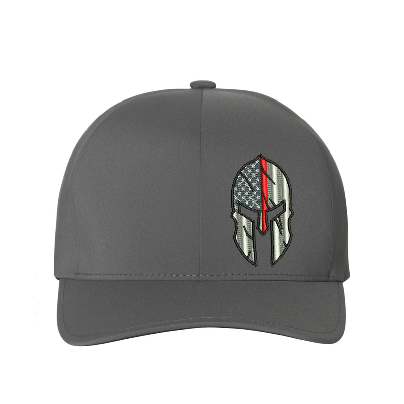 Thin Red Line Flag Spartan helmet design Flexfit  hat,  Black and Grey American Flag with a thin red line within a Spartan Helmet.  Hat color is grey.