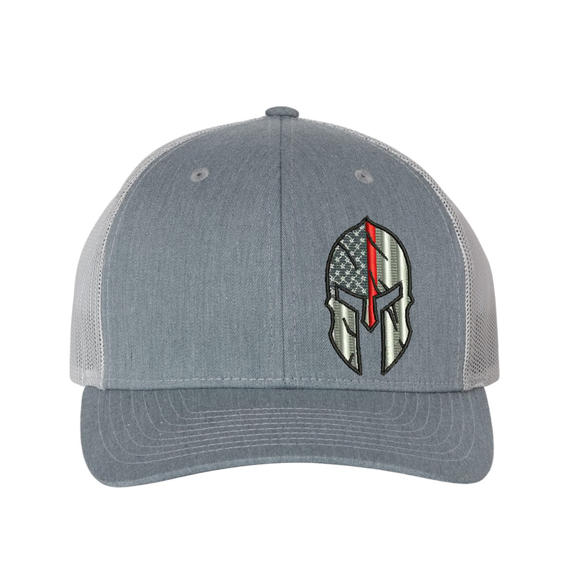 Thin Red Line Flag Spartan helmet design on a Richardson Trucker hat,  Black and Grey American Flag with a thin red line within a Spartan Helmet.  Hat color is heather grey/light grey.