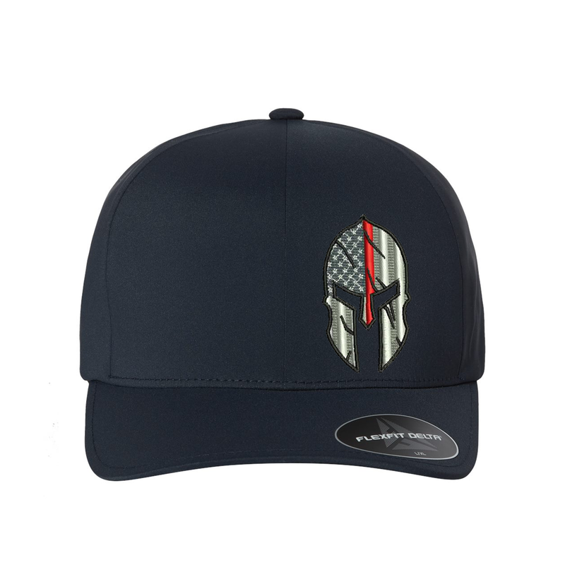 Thin Red Line Flag Spartan helmet design Flexfit  hat,  Black and Grey American Flag with a thin red line within a Spartan Helmet.  Hat color is navy.