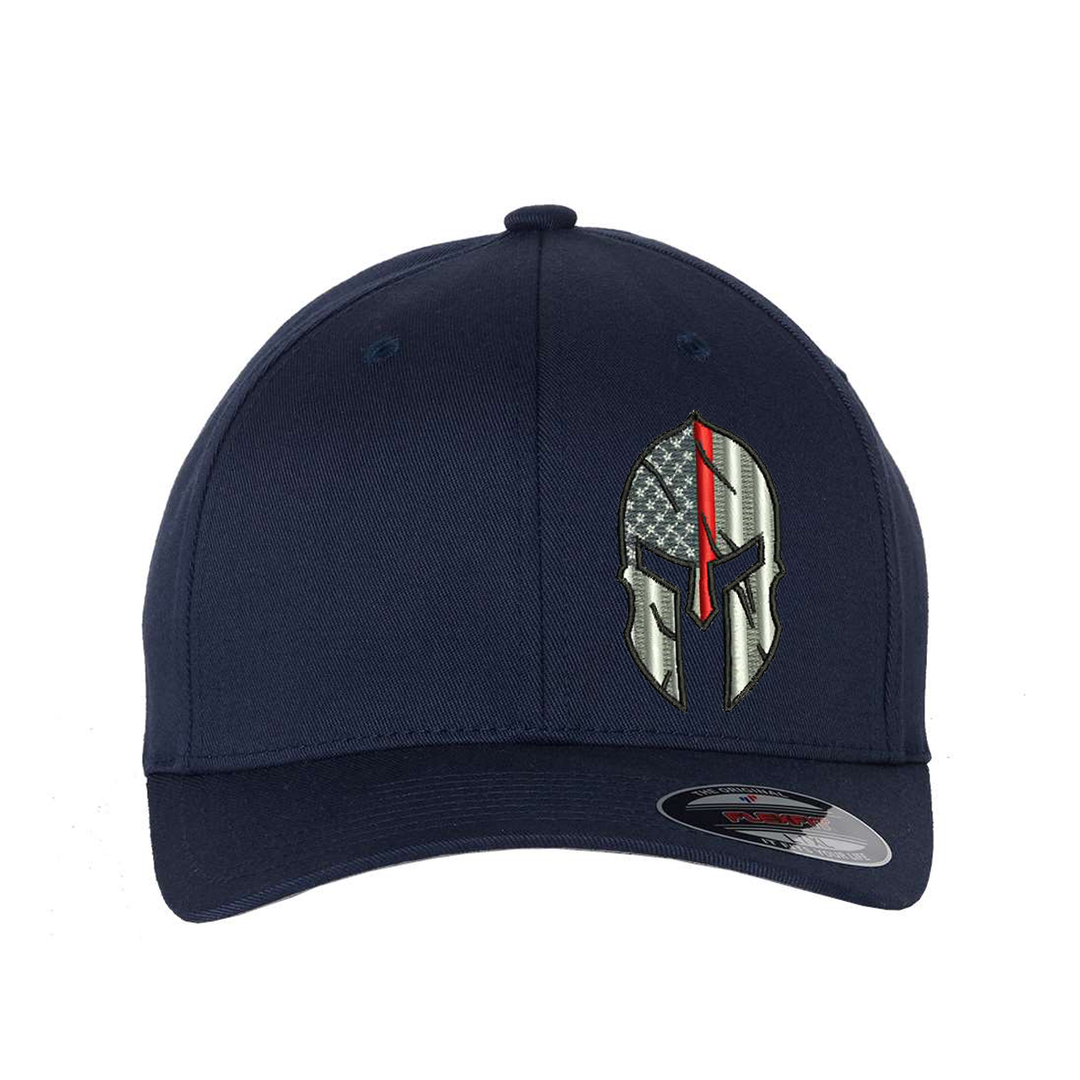 Thin Red Line Flag Spartan helmet design Flexfit  hat,  Black and Grey American Flag with a thin red line within a Spartan Helmet.  Hat color is navy.