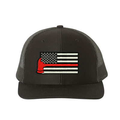 Thin Red Line Axe design on a Richardson Cap.  Black and white Embroidered flag with red axe  in the center of the flag.  Hat color is black/black.