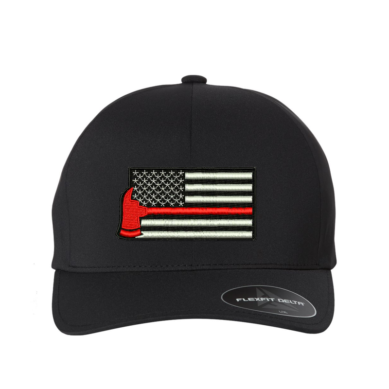 Thin Red Line Flag with red axe  Delta Flexfit  hat,  Embroidered flag  in the center of the hat.  Hat color is black.