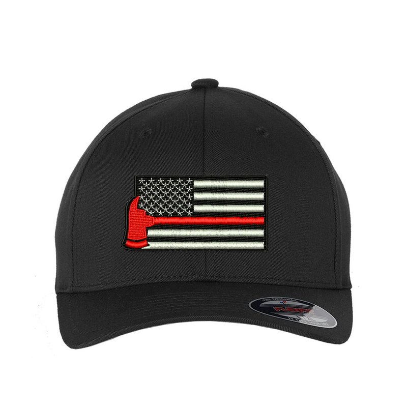Thin Red Line Flag with red axe Flexfit  hat,  Embroidered flag  in the center of the hat.  Hat color is black.