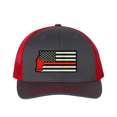 Thin Red Line Axe design on a Richardson Cap.  Black and white Embroidered flag with red axe  in the center of the flag.  Hat color is charcoal/red.