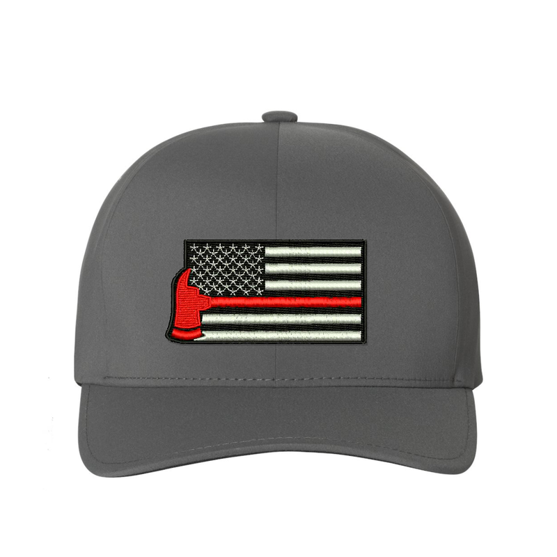 Thin Red Line Flag with red axe  Delta Flexfit  hat,  Embroidered flag  in the center of the hat.  Hat color is grey.