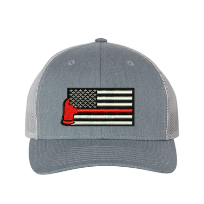 Thin Red Line Axe design on a Richardson Cap.  Black and white Embroidered flag with red axe  in the center of the flag.  Hat color is heather grey/grey.