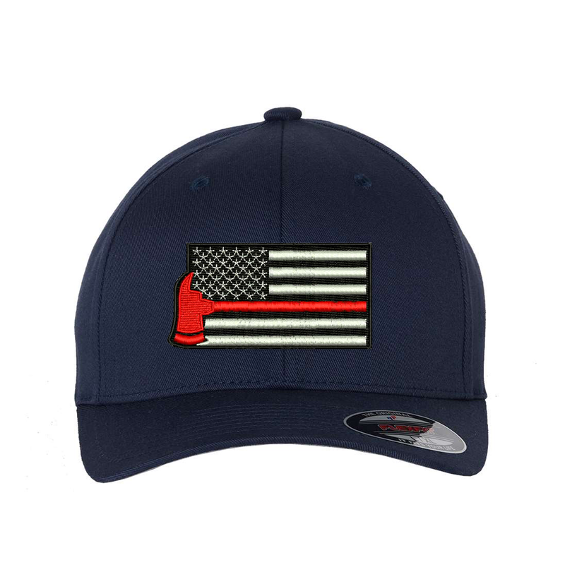 Thin Red Line Flag with red axe Flexfit  hat,  Embroidered flag  in the center of the hat.  Hat color is navy.