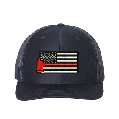 Thin Red Line Axe design on a Richardson Cap.  Black and white Embroidered flag with red axe  in the center of the flag.  Hat color is navy.