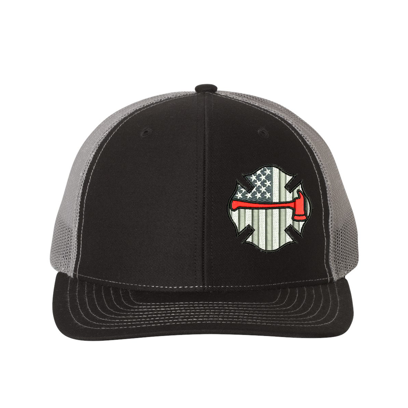 Embroidered Richardson Black and Grey American Flag Maltese with red Axe hat. Design is off center to the left. Hat color black/charcoal.