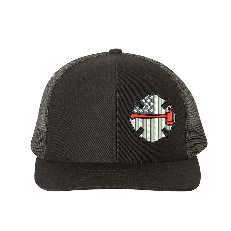 Embroidered Richardson Black and Grey American Flag Maltese with red Axe hat. Design is off center to the left. Hat color black/black.