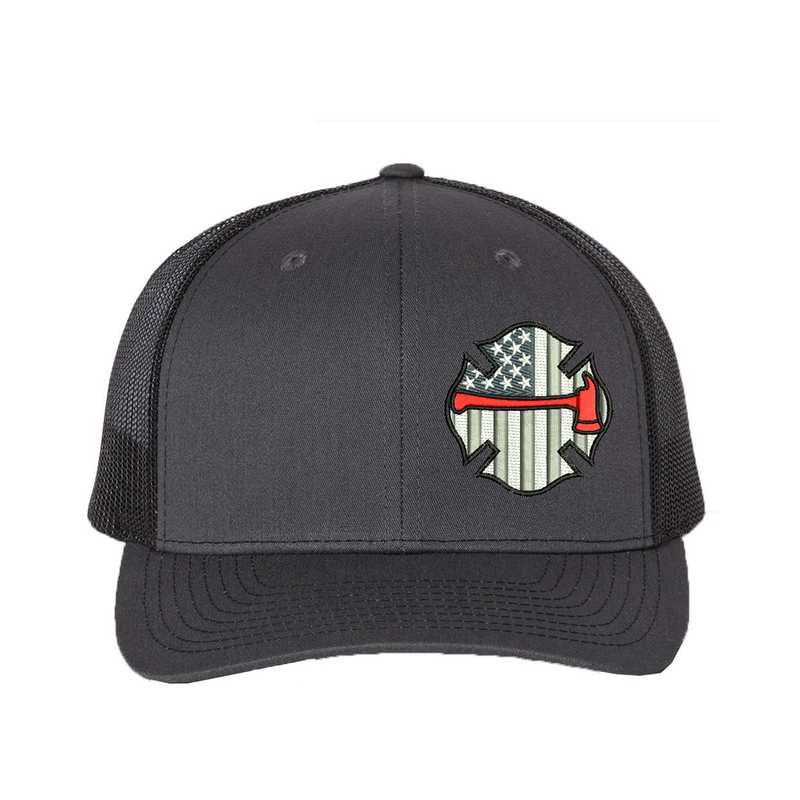 Embroidered Richardson Black and Grey American Flag Maltese with red Axe hat. Design is off center to the left. Hat color charcoal/black.