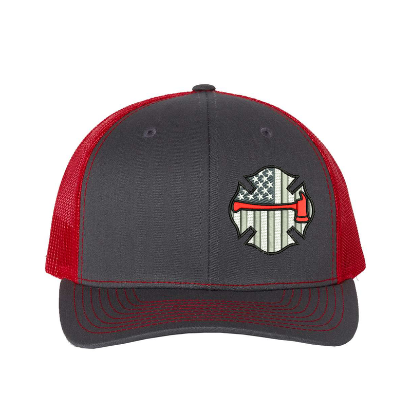 Embroidered Richardson Black and Grey American Flag Maltese with red Axe hat. Design is off center to the left. Hat color charcoal/red.