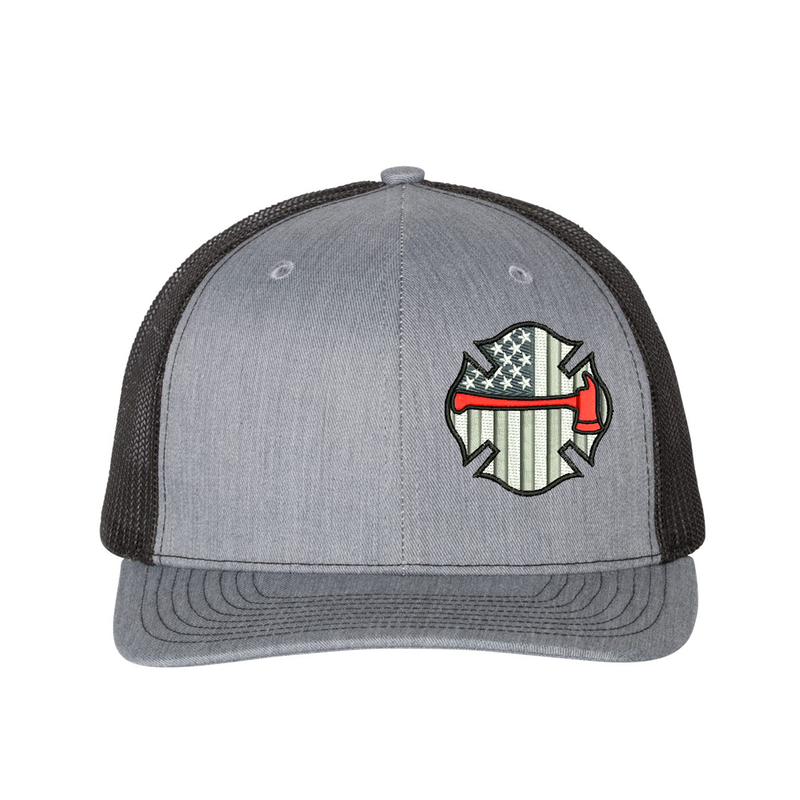 Embroidered Richardson Black and Grey American Flag Maltese with red Axe hat. Design is off center to the left. Hat color heather grey/black.