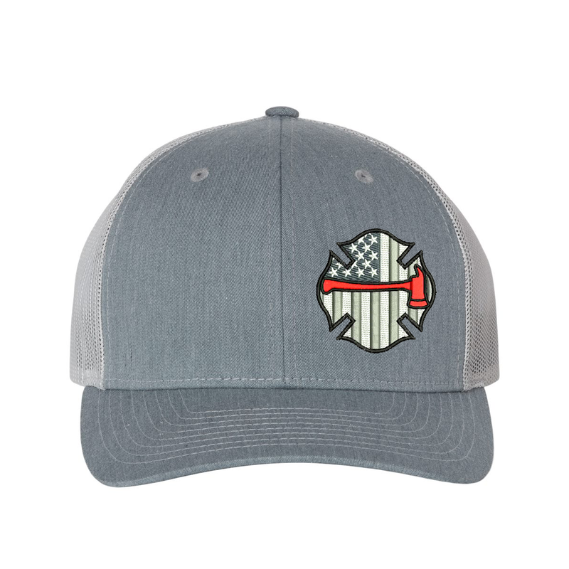 Embroidered  Richardson  Black and Grey American Flag Maltese with red Axe  hat. Design is off center to the left. Hat color heather grey/light grey.