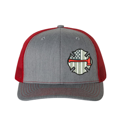 Embroidered Richardson Black and Grey American Flag Maltese with red Axe hat. Design is off center to the left. Hat color heather grey/red..