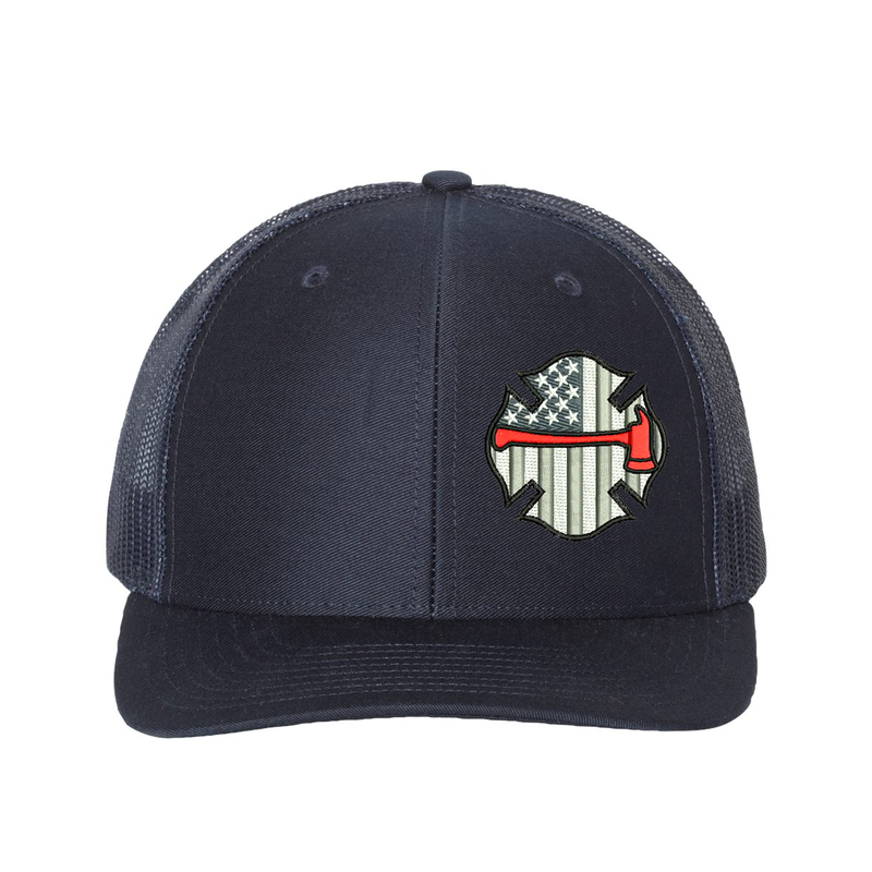 Embroidered Richardson Black and Grey American Flag Maltese with red Axe hat. Design is off center to the left. Hat color navy/navy.