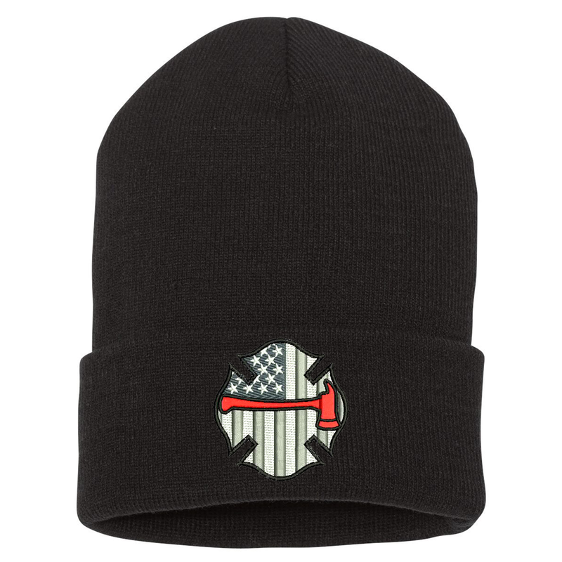 Embroidered cuffed Beanie, Maltese Flag with red axe is embroidered in the center of the cuff. Hat color black.