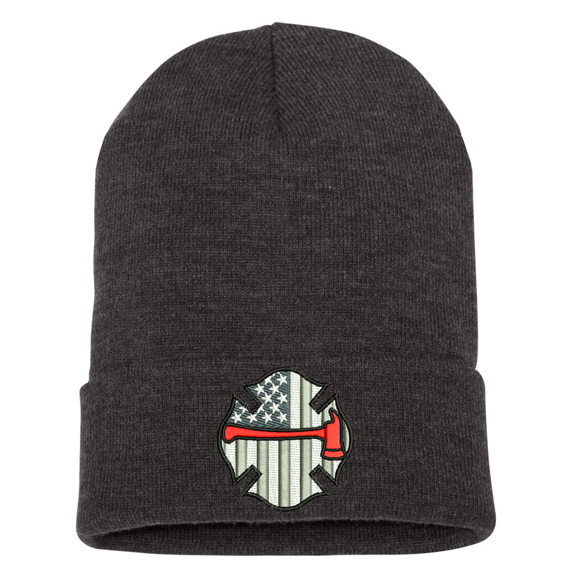 Embroidered cuffed Beanie, Maltese Flag with red axe is embroidered in the center of the cuff. Hat color grey.