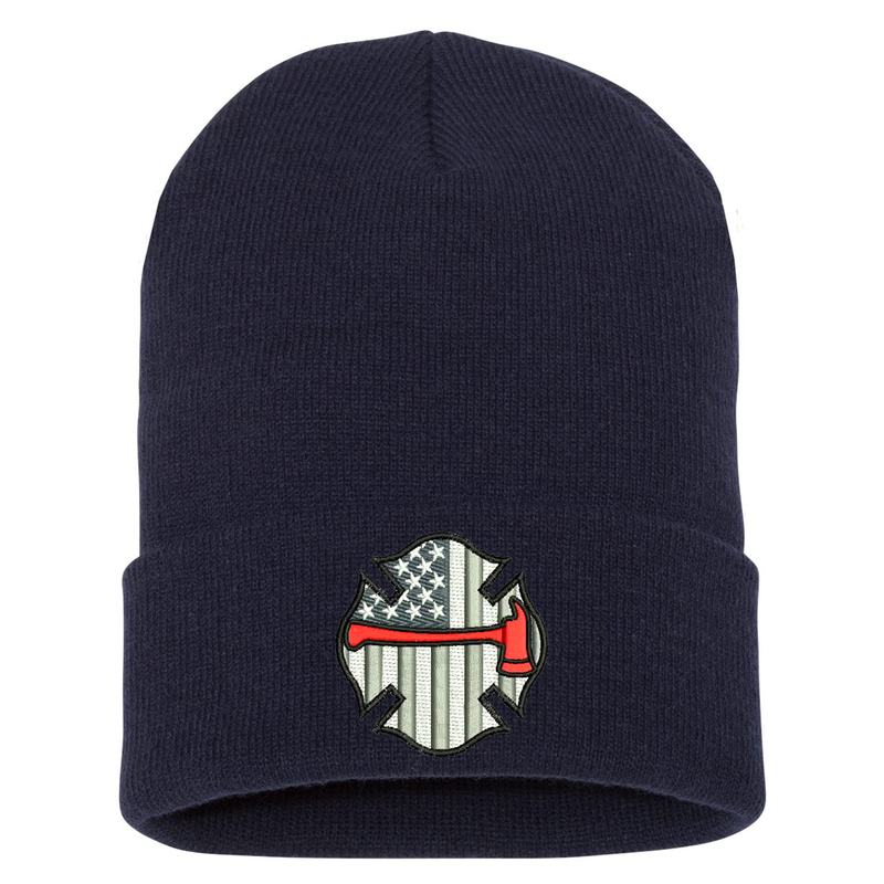Embroidered cuffed Beanie, Maltese Flag with red axe is embroidered in the center of the cuff. Hat color navy.
