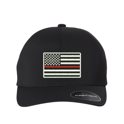 Thin Red Line Flag, Delta Flexfit  hat,  Embroidered flag  in the center of the hat.  Hat color is black.