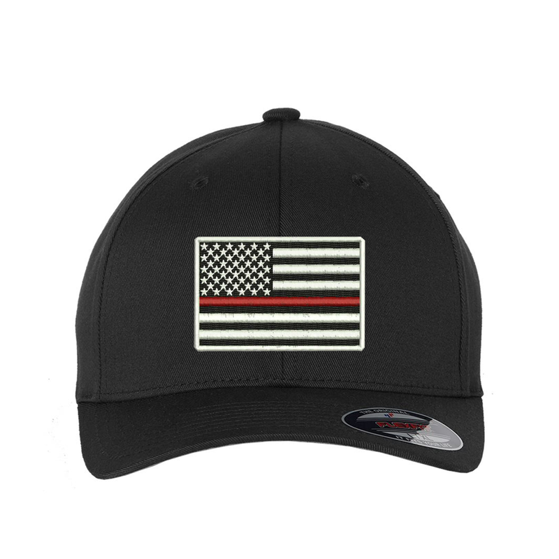 Thin Red Line Flag, Flexfit  hat,  Embroidered flag  in the center of the hat.  Hat color is black.
