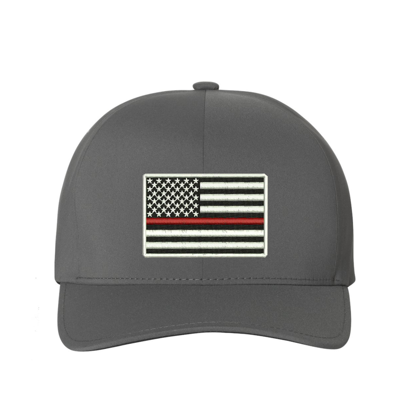 Thin Red Line Flag, Delta Flexfit  hat,  Embroidered flag  in the center of the hat.  Hat color is grey.