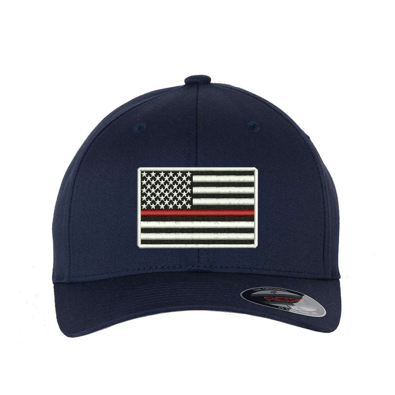 Thin Red Line Flag, Flexfit  hat,  Embroidered flag  in the center of the hat.  Hat color is navy.