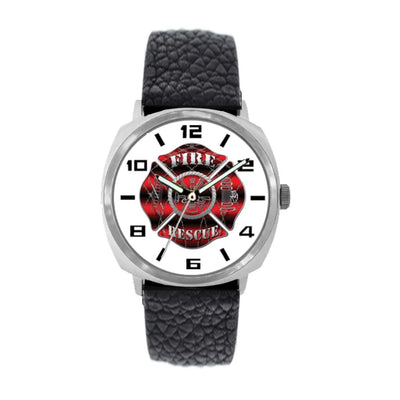 Fire Rescue Black and Red Leather Firefighter Watch