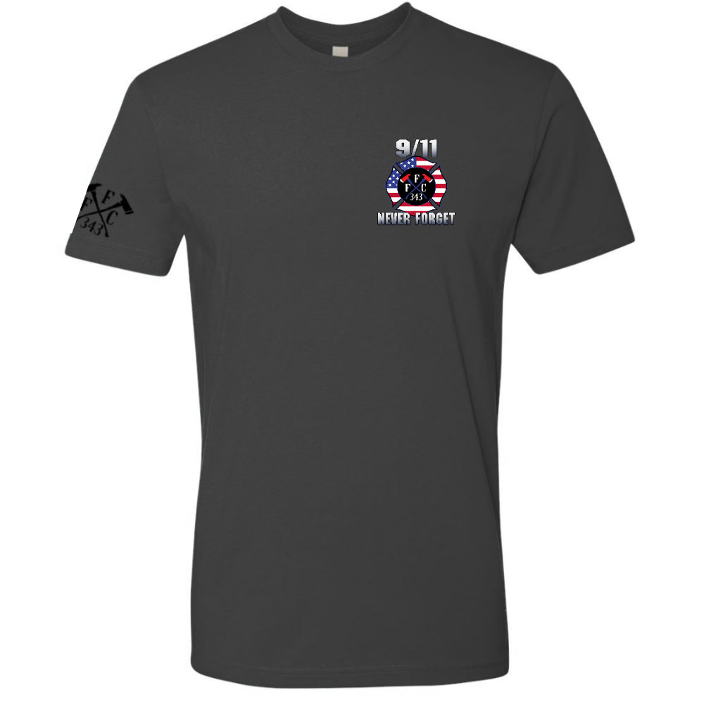 Premium firefighter T-Shirt with Stairway to Heaven 9/11 remembrance artwork